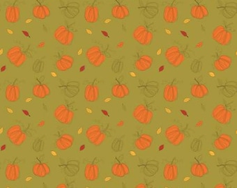 Adel in Autumn Pumpkins Olive Fabric Yardage, Sandy Gervais. Riley Blake Designs, Cotton Quilt Fabric, Autumn Fabric