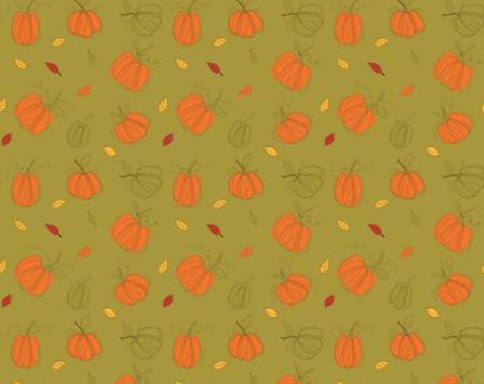 Adel in Autumn Pumpkins Olive Fabric Yardage, Sandy Gervais. Riley Blake Designs, Cotton Quilt Fabric, Autumn Fabric
