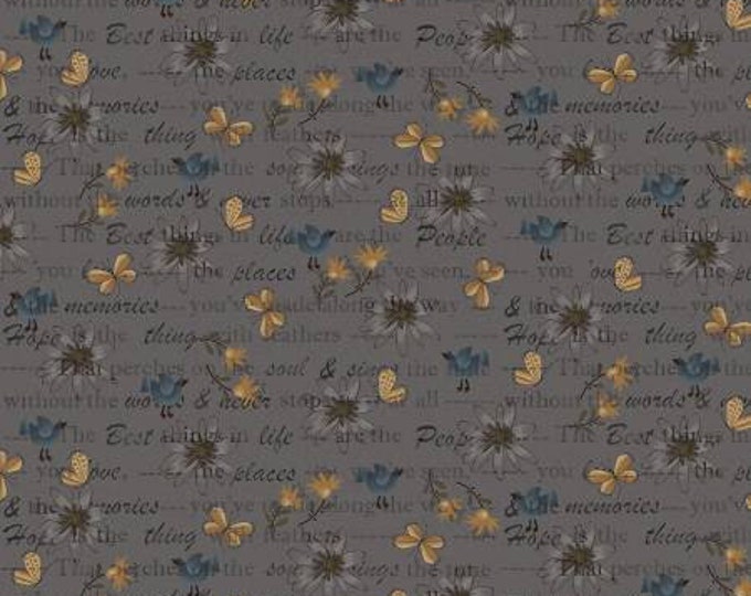 Bluebird of Happiness Dark Gray Mixed Media Fabric Yardage, Janet Nesbitt, Henry Glass, Cotton Quilt Fabric, Bird Fabric