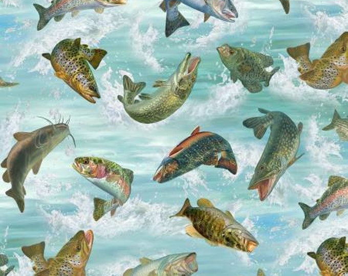 Remnant 1-2/3 Yards First Catch Green Fish Toss Fabric Yardage, Wilmington Prints, McGovern Wildlife Collection, Cotton Quilt Fabric, Fish