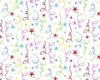 Remnant 1-Yard Party Time White Stars Streamers Fabric Yardage, Sharia Fults, Studio E, Cotton Quilt Fabric, Birthday Fabric