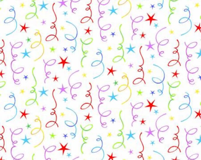 Remnant 1-Yard Party Time White Stars Streamers Fabric Yardage, Sharia Fults, Studio E, Cotton Quilt Fabric, Birthday Fabric