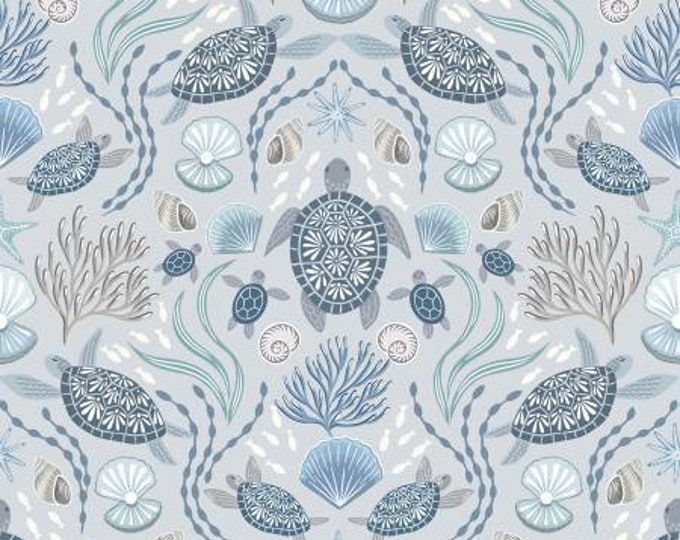 Ocean Pearls Sea Turtle Family on Light Mist with Pearl Fabric Yardage, Lewis & Irene, Cotton Quilt Fabric, Ocean Fabric
