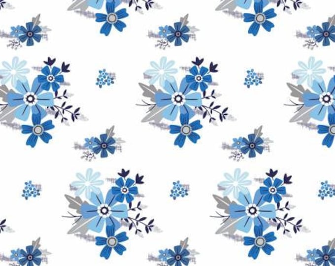 Blue Stitch Main White Fabric Yardage, Tattooed Quilter, Riley Blake Designs, Cotton Quilt Fabric, Floral Fabric