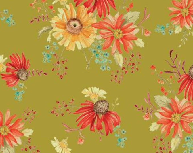 Adel in Autumn Main Olive Fabric Yardage, Sandy Gervais, Riley Blake Designs, Cotton Floral Fabric, Autumn Fabric