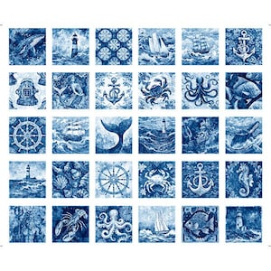 May include: A grid of blue and white nautical-themed square images. Each square depicts a different marine design, such as whales, lighthouses, sailboats, anchors, and sea creatures. The style evokes vintage illustrations.