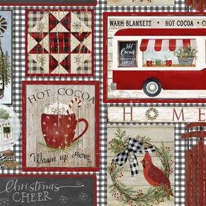 May include: A red and white checkered background with various Christmas themed images.  The images include a red truck with a sign that says "Hot Cocoa Christmas Cookies", a red mug with hot cocoa and a candy cane, a red and black quilt block, a red cardinal in a wreath, and a chalkboard with the text "Christmas Cheer".