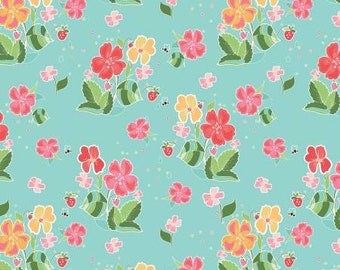 Strawberry Honey Main Aqua Fabric Yardage, Gracey Larson, Riley Blake Designs, Cotton Quilt Fabric, Floral Fabric