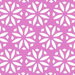 May include: A seamless pattern with white stylized flowers on a pink background.