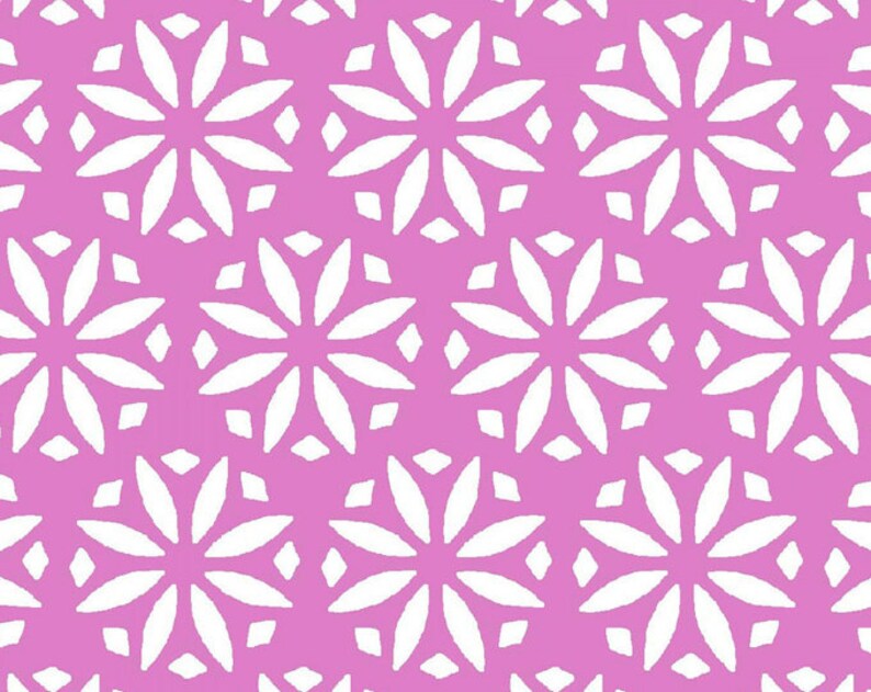 May include: A seamless pattern with white stylized flowers on a pink background.