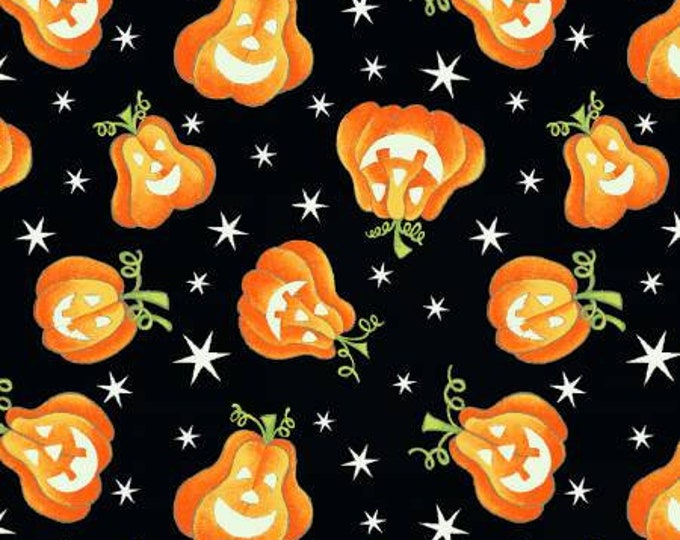 Here We Glow Black Tossed Pumpkins Glow in the Dark Fabric Yardage, Delphine Cubitt, Henry Glass, Cotton Quilt Fabric, Halloween Fabric