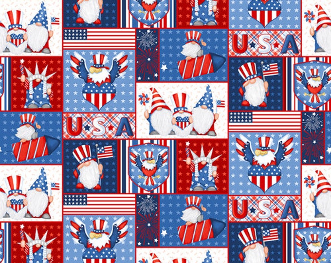 Remnant 1-1/2 Yards Gnome of the Brave Patriotic Gnome Patchwork  Fabric Yardage, Shelly Comisky, Henry Glass, Cotton Quilt Fabric, Gnome