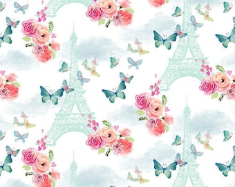 Remnant 1/2-Yard Love is in the Air White Eiffel Tower with Flowers & Butterflies Fabric Yardage, Lanie Loreth, Blank Quilting, Cotton