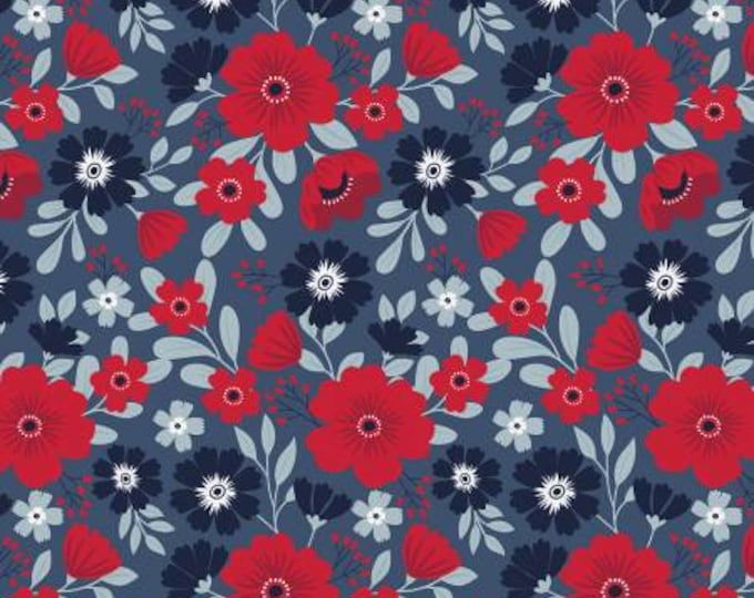 Remnant 1-1/3 Yards American Beauty Main Navy Fabric Yardage, Dani Mogstad, Riley Blake Designs, Cotton Quilt Fabric, Floral Fabric