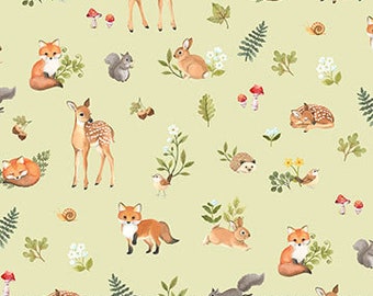 Woodland Babes Green Multi Animals Fabric Yardage, Kathryn Christensen, Northcott Fabrics, Cotton Quilt Fabric