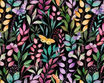 Remnant 1/3-Yard Botanical Magic Black Branches & Butterflies Fabric Yardage, Lola Molina, Wilmington Prints, Cotton Quilt Fabric