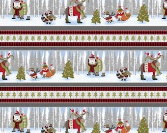 Remnant 1/3-Yard Cozy Critters Multi Repeating Stripe Cotton Quilting Fabric, Holiday Fabric, by M.J. Merrill from Wilmington Prints.