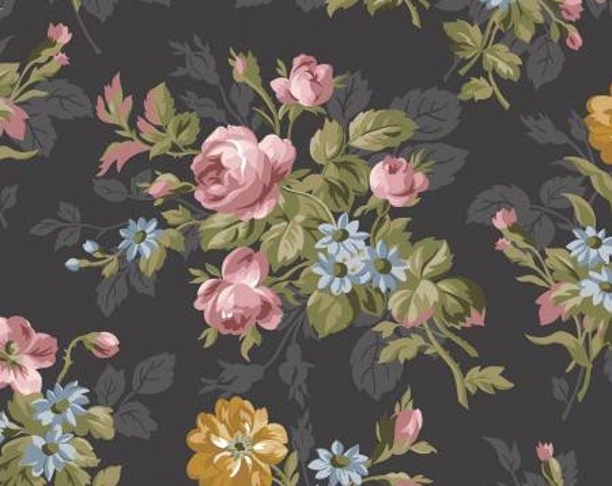 Midnight Garden Main Charcoal Fabric Yardage, Gerri Robinson, Riley Blake Designs, Cotton Quilt Fabric, Floral Fabric