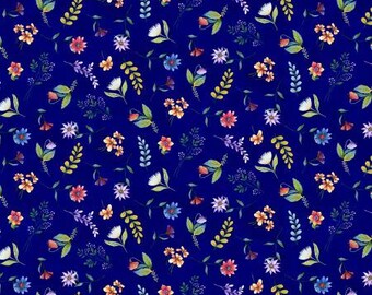 Down the Fairy Path Royal Multi Mini Wildflowers 6-Inch Repeat Fabric Yardage, Color Principle Studio, Henry Glass, Cotton Quilt Fabric