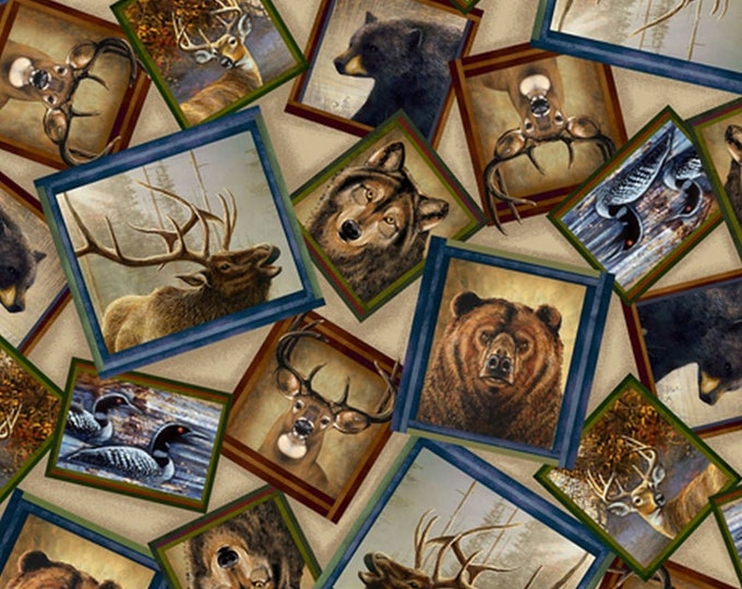 In the Wilderness Tan Tossed Animal Picture Patches Fabric Yardage, Quilting Treasures, Jim Hansel, Joe Low, Animal Fabric