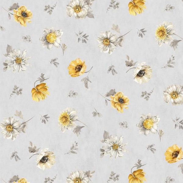 Fields of Gold Floral Toss Gray Fabric Yardage, Lisa Audit, Wilmington Prints, Cotton Quilt Fabric, Floral Fabric