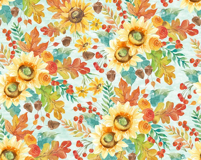 Autumn Blessings Lt. Blue Autumn Flowers Fabric Yardage, Silas M. Studio, Blank Quilting, Cotton Quilt Fabric, Autumn Fabric