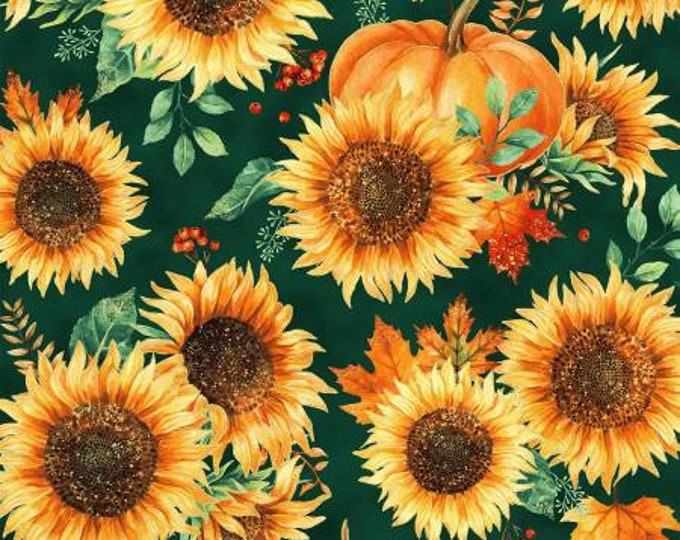 Autumn is In the Air Harvest Emerald Sunflowers & Pumpkins with Gold Metallic Fabric Yardage, Hoffman Fabrics, Cotton Quilt Fabric