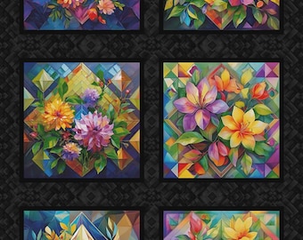 Flower Fusion Multi Block Panel, 24" x 44", Crazy Marie, Studio E, Cotton Quilt Fabric