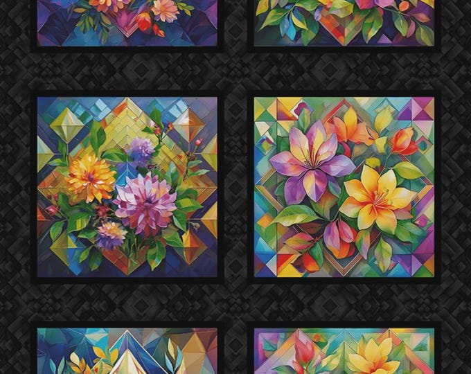 Flower Fusion Multi Block Panel, 24" x 44", Crazy Marie, Studio E, Cotton Quilt Fabric
