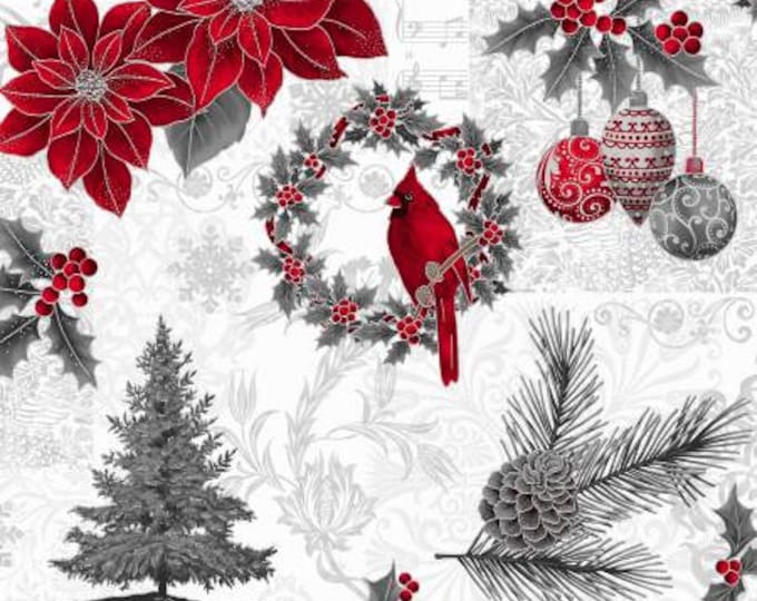 Remnant 1-1/3 Yards Joyful Traditions Ice Poinsettia, Cardinal & Ornaments w Silver Metallic Fabric Yardage, Hoffman Fabrics, Cotton Quilt