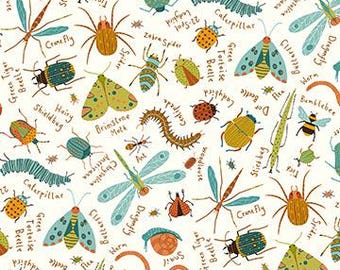Backyard Bug Collector Cream Multi Large Tossed Bugs Fabric Yardage, Deborah Edwards, Northcott Fabrics, Cotton Quilt Fabric