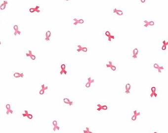 Strength in Pink Ribbons White Fabric Yardage, RBD Collection, Riley Blake Designs, Cotton Quilt Fabric, Floral Fabric
