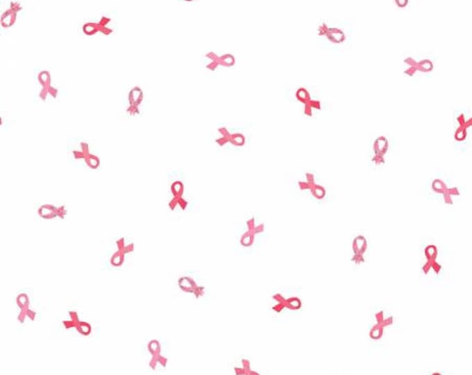 Strength in Pink Ribbons White Fabric Yardage, RBD Collection, Riley Blake Designs, Cotton Quilt Fabric, Floral Fabric