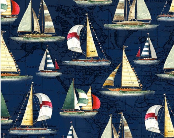 Remnant 1-Yard World Traveler Navy Sailing Fabric Yardage, Michael Miller Fabrics, Cotton Quilt Fabric, Nautical Fabric