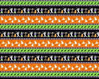 Here We Glow Multi Border Stripe Glow in the Dark Fabric Yardage, Delphine Cubitt, Henry Glass, Cotton Quilt Fabric, Halloween Fabric