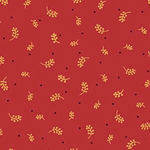 May include: A red background with a repeating pattern of small black dots and gold sprigs.