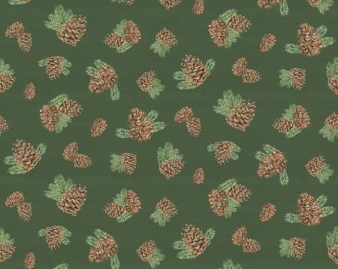 Send Me to the Woods Pinecones Green  Cotton Quilting Fabric, Moose Fabric, Deer Fabric, Bear Fabric, Tara Reed, Riley Blake Designs.