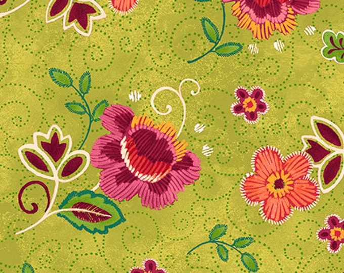 Olivia Tossed Flower Light Green Fabric Yardage, Cotton Quilting Fabric, Floral Fabric, Quilting Treasures