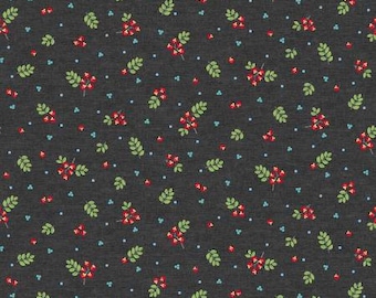 Remnant 1-1/2 Yards First Frost Dark Grey Berries Pearl  Cotton Quilting Fabric, Floral Fabric, Winter Fabric, Amanda Murphy, Contempo