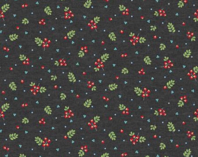 Remnant 1-1/2 Yards First Frost Dark Grey Berries Pearl  Cotton Quilting Fabric, Floral Fabric, Winter Fabric, Amanda Murphy, Contempo