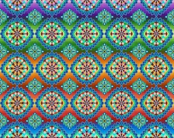 Blooming Paisleys Rainbow Multi Hexie Medallion Fabric Yardage, Cotton Quilting Fabric, Art Loft, Studio E, Floral Fabric