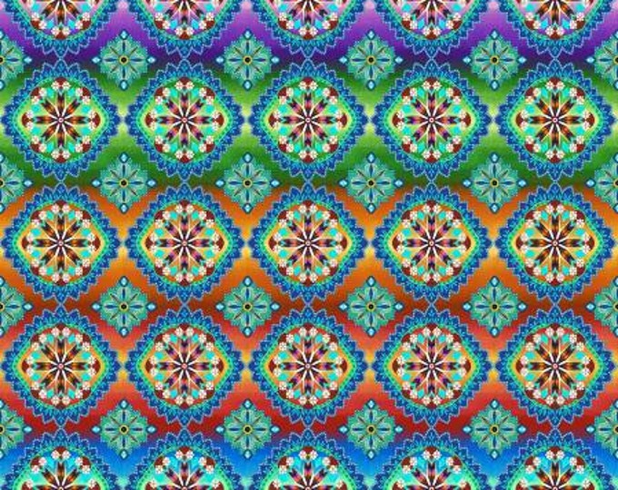 Blooming Paisleys Rainbow Multi Hexie Medallion Fabric Yardage, Cotton Quilting Fabric, Art Loft, Studio E, Floral Fabric