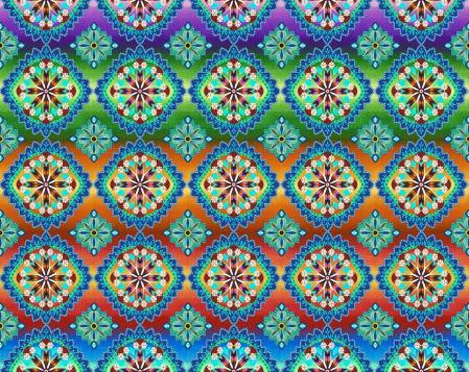 Blooming Paisleys Rainbow Multi Hexie Medallion Fabric Yardage, Cotton Quilting Fabric, Art Loft, Studio E, Floral Fabric