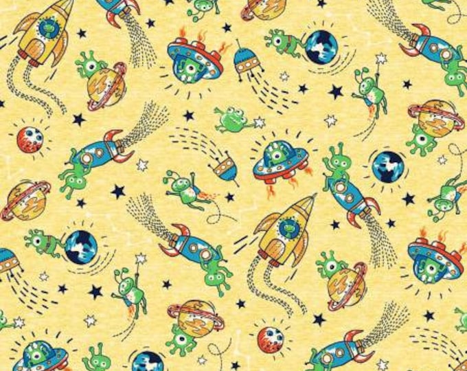 Space Oddity Yellow Space Trek Fabric Yardage, Michael Miller, MMF Collection, Cotton Quilting Fabric, Space Fabric