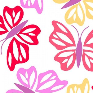 May include: A seamless pattern of colorful butterflies with pink, red, and yellow wings. The butterflies are outlined in white and have a simple, stylized design.