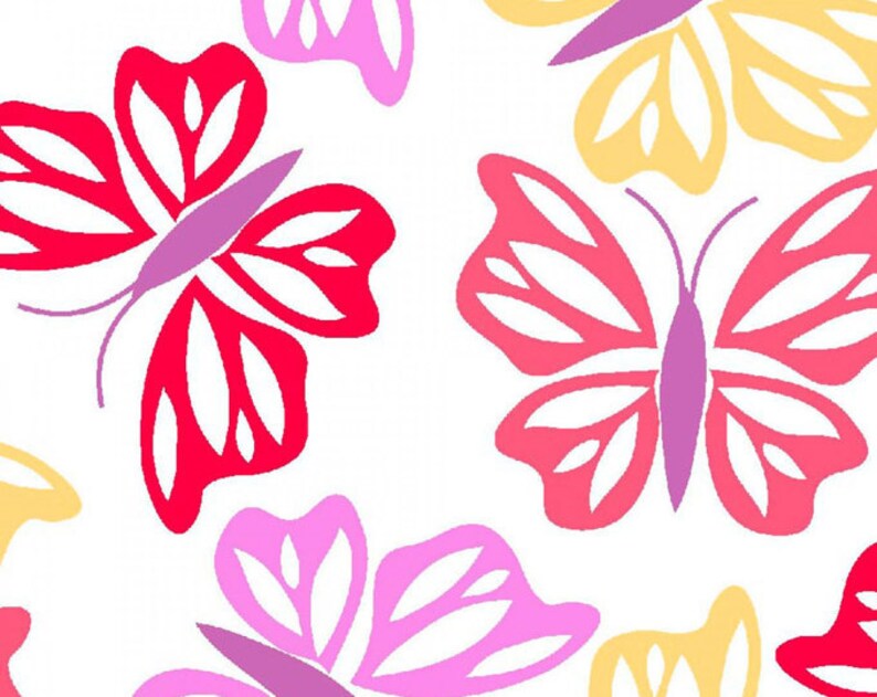 May include: A seamless pattern of colorful butterflies with pink, red, and yellow wings. The butterflies are outlined in white and have a simple, stylized design.
