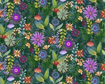 Down the Fairy Path Forest Multi Medium Wildflowers 8 Inch Repeat Fabric Yardage, Color Principle Studio, Henry Glass, Cotton Quilt Fabric