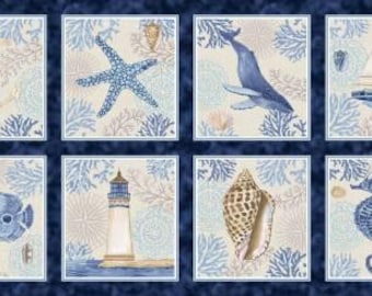 Cobalt Seas Multi 24-Inch Block Panel, Andrea Tachiera, Henry Glass, Cotton Quilt Fabric