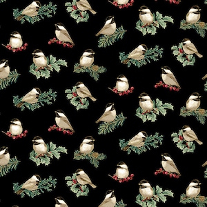 Festive Medley Charming Chickadees Black w/Metallic Fabric Yardage, Benartex, Jackie Robinson, Cotton Quilting Fabric, Christmas Fabric