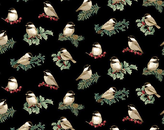 Festive Medley Charming Chickadees Black w/Metallic Fabric Yardage, Benartex, Jackie Robinson, Cotton Quilting Fabric, Christmas Fabric